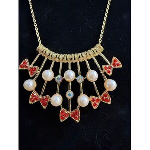Betsy Johnson Faux Pearl Red Bow Statement Necklace